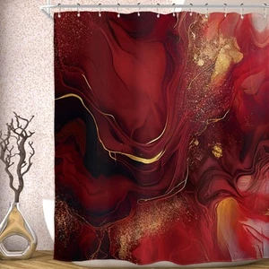 Burgundy Red Marble Shower Curtain Abstract Modern Ombre Luxury Vintage Golde... - Picture 1 of 7