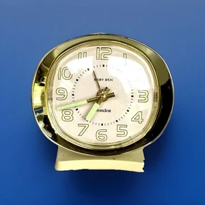 Vintage MCM Westclox Baby Ben Alarm Clock, Cream & Gold Glow In The Dark Dial - Picture 1 of 11