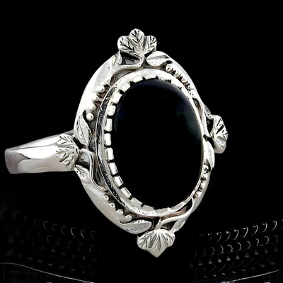 BLACK AGATE VICTORIAN DESIGN 925 SOLID STERLING SILVER RING ANTIQUE STYLE #050 - Image 1 of 3