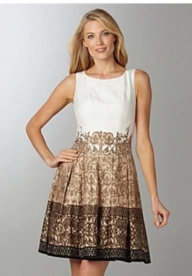 Vestido para mujer Jones New York talla 6 marrón y blanco forrado sin mangas plisado cremallera” Foto 1 de 4