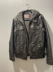 LEVIS Mens Black Faux Leather Jacket Hoodie Coat Levi Strauss Levi's - Picture 1 of 6