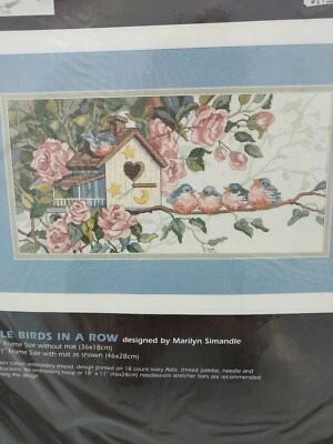 Dimensions Stamped Cross Stitch Kit LITTLE BIRDS IN A ROW Birdhouse Tree Nature - Image 1 of 4