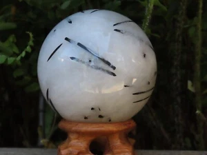 Black Tourmaline in Quartz Crystal Sphere With Wooden Display Stand 406 Grams - Imagen 1 de 12