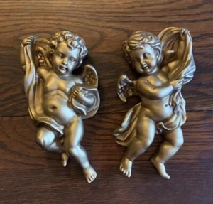 2 HOMCO 1120 Gold Angels Cherubs Wall Plaques Hangings 10.5” - Picture 1 of 21