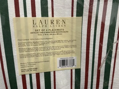 Ralph Lauren Noel Stripe  Christmas Placemats 14x19” Red Green White  Set of 4 - Image 1 of 4
