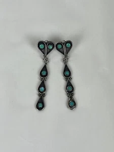 Zuni Sterling Silver Petit Point Teardrop Turquoise Long Dangle Earrings 2.75" - Picture 1 of 7