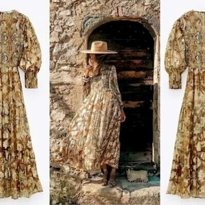 ZARA Gold Beige Metallic Thread Floral Shirred Midi Maxi Dress size L 14 16 - Picture 1 of 10