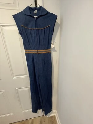 Vintage Women’s Denim Jumpsuit 1970’s Brown Trim NWT Size 5 70’s Groovy Retro - Image 1 of 4