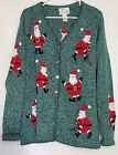 Women Quaker Factory Santa Ugly Christmas Sweater Button Knit Cardigan Bells L