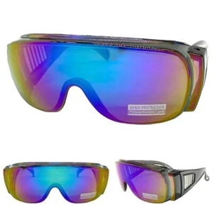 OVERSIZED WRAP AROUND DRIVING SAFETY SUN GLASSES Fit Over RX Eye Glass Blue Lens - Picture 1 of 6