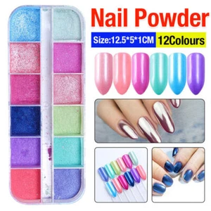 12 Grid Aurora Mermaid Unicorn Pearl Shimmer Chrome Nail Powder Set for Nails AU - Picture 1 of 12