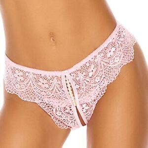 Lace Panty Faux Pearls Crotchless Scalloped Trim Cut Out Back Baby Pink 82339