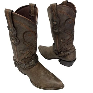 Vtg 90’s Durango Brown Leather Cowboy Western HEART CONCHO Harness Boots 6.5 1/2 - Picture 1 of 13