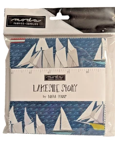 Moda Lakeside Story Sailing Boats Blue 42 5-in Charm Precut Fabric Quilt Squares - Picture 1 of 11
