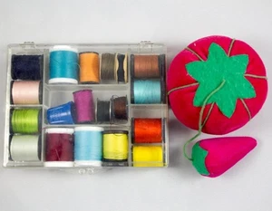 Sewing Kit Thread Lot Cardboard Metal & Plastic Bobbins Red Tomato Pin Cushion - Picture 1 of 6