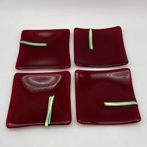 4 Red Curved Dichroic Strip Fused Art Glass Appetizer Plate Trinket Dish 5x5" - Picture 1 of 16