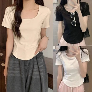 Womens Cotton T Shirt with Short Sleeves and Square Neckline for Any Occasion - Picture 1 of 15