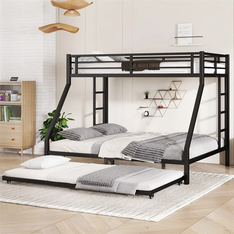 Twin XL Over Queen Metal Bunk Bed with Twin Size Trundle and 2 Side Ladder,Black - Image 1 of 1