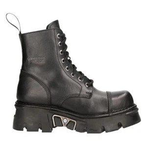 NEW ROCK M-NEWMILI083-S19 COMBAT BOOTS Black Leather Military Biker Shoes - Picture 1 of 9