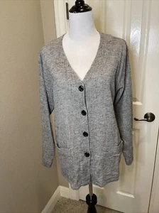FLAX V-Neck Linen Jacket, Button Front, Long Sleeve Heather Gray SZ Plus Small - Picture 1 of 5