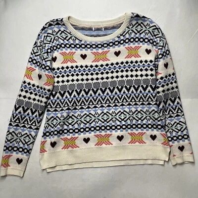 VTG Y2K Madison Jules Sweater Ribbed Collar Hearts Size Large Cream Blue Holiday - Image 1 of 4