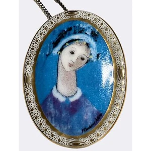 P Buckley Moss Anna Perenna Blue Madonna Oval Pendant Brooch Pin Necklace - Picture 1 of 16