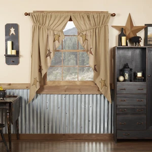 STRATTON PRAIRIE CURTAIN 2 pc SET 63X36 NATURAL BURLAP W APPLIQUED STARS UNLINED - Picture 1 of 1