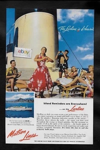 MATSON LINES TO HAWAII S.S. LURLINE 1955 HULA AT THE FUNNEL SMOKESTACK AD - Bild 1 von 1