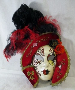  Large La Maschera Del Galeone Red and Black Feathered Wall Mask - Picture 1 of 10