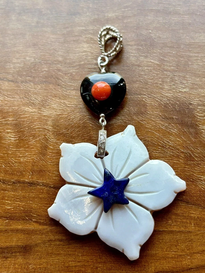 CIONDOLO FIORE IN Cammeo CONCHIGLIA,   ARGENTO 925 Corallo Onice Lapislazzuli - Immagine 1 di 1