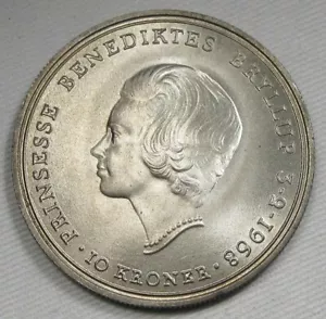 1968 Denmark 10 Kroner .800 Fine Silver .5247oz Nice Original Bloom GEMUNC AE591 - Picture 1 of 3