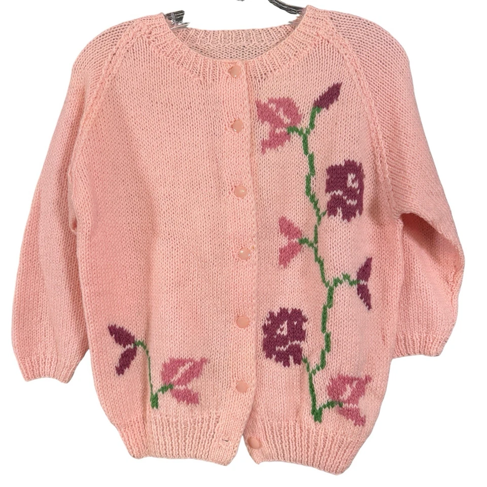 Handmade Pink Knit Cardigan Floral Button Front Sweater Size M Cottagecore - Image 1 of 3