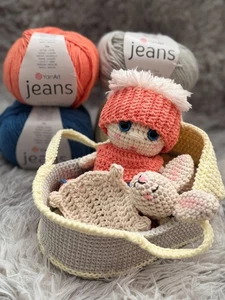 Baby Doll Kit in basket with comforter  Handmade Crochet Amigurumy Nursery Toy - Picture 1 of 11