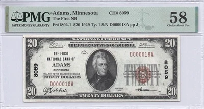The First NB of Adams MN $20.00 1929 PMG 58 Charter 8059 Low Serial # 000018 - Image 1 of 2