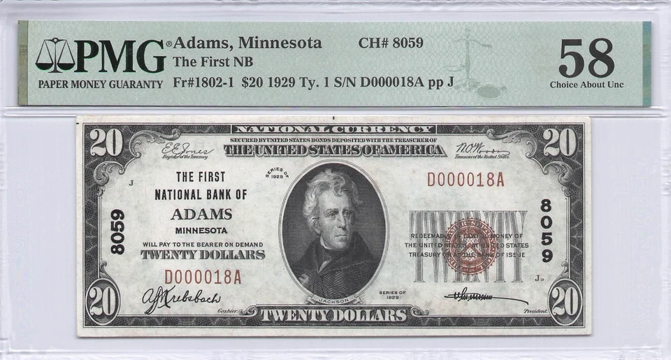 The First NB of Adams MN $20.00 1929 PMG 58 Charter 8059 Low Serial # 000018 - Image 1 of 2