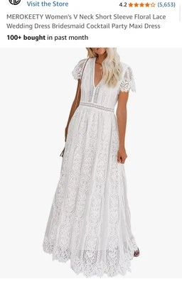 Merokeety Short Sleeve VNeck Lace Simple Boho Wedding Dress Size M Beach Wedding - Image 1 of 4