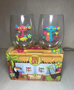 Tiki Cat Plastic Wine Glasses Set of (2) 14 oz Cat Lady Vintage/Retro - Picture 1 of 11