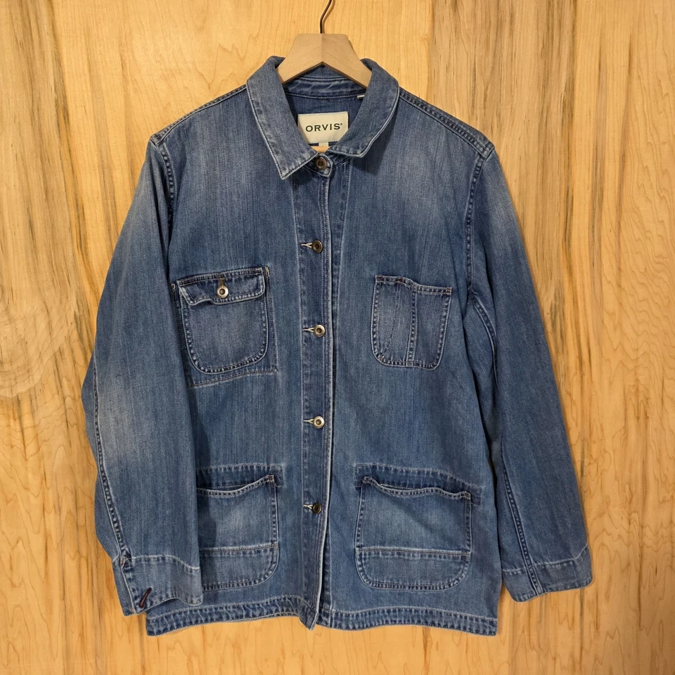 Chaqueta de mezclilla Orvis para mujer talla grande de longitud media lavado medio denim suave Foto 1 de 4