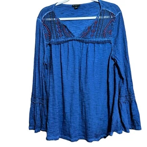 New Directions Tunika Oberteil Damen XL blau bunt verziert Schlitz am Ausschnitt Bluse - Bild 1 von 9