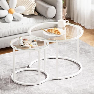 White Nesting Glass Table Set of 2, Small Glass round Nesting Tables for Living - Picture 1 of 9