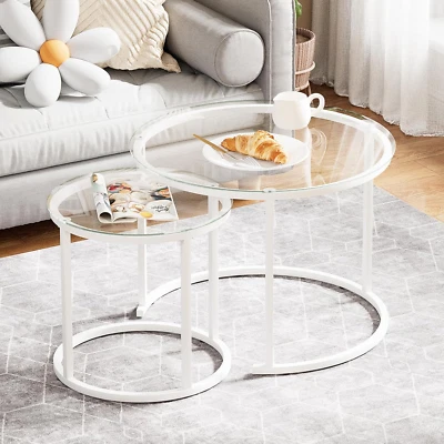 White Nesting Glass Table Set of 2, Small Glass round Nesting Tables for Living - Image 1 of 4
