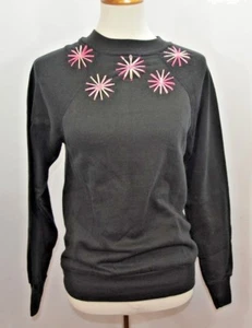 VTG NWT Black Sweatshirt Embroidered Stitched Pink Flowers USA Made Womens S - Picture 1 of 7