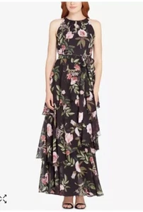 Maxi Vestido Tahari Largo Sin Mangas Floral Talla 12 Invitado Boda Volantes Corbata en Niveles - Imagen 1 de 11