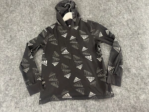 Adidas Hoodie Girls 10-12 Black Tee Pullover All Over Logo Spell Out N199 - Picture 1 of 9