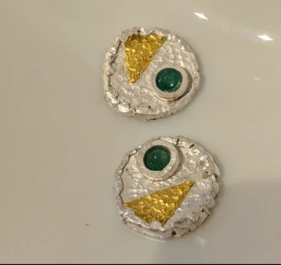 Ohrstecker mit Smaragd und Diamant  Silber 999  und Gold 750 Flamere Design - Bild 1 von 2