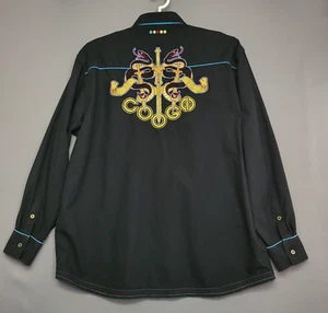 Coogi Embroidered Snake Button Front Shirt Mens XXXL Black Gold Long Sleeves - Picture 1 of 15