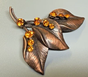 Vintage Brosche Kupferfarben Blätter Bernstein Strass Österreich - Bild 1 von 8