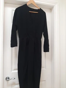 Massimo Dutti Dress Black Small Midi Stretchy V-neck Wool Mix - Picture 1 of 5
