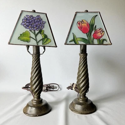 Vtg Tiffany Style Table Lamps Pair Stained Glass Tulips Hydrangeas 13.5" - Image 1 of 4