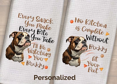 English Bulldog Dish Towels Personalized Set of 2 handmade bull dog kitchen mom - Image 1 of 4